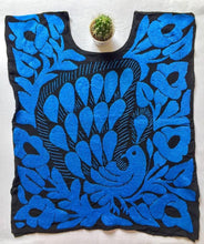 Load image into Gallery viewer, black mexican blouse with bright blue hand embroidery