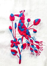 Load image into Gallery viewer, close up of embroidered peacock in fuchsia and blue