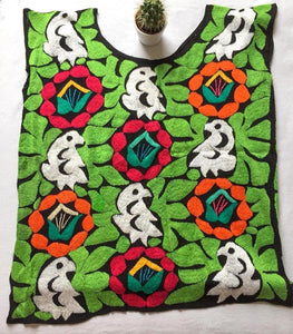 colorful mexican blouse with hand embroidered parrot and flower print