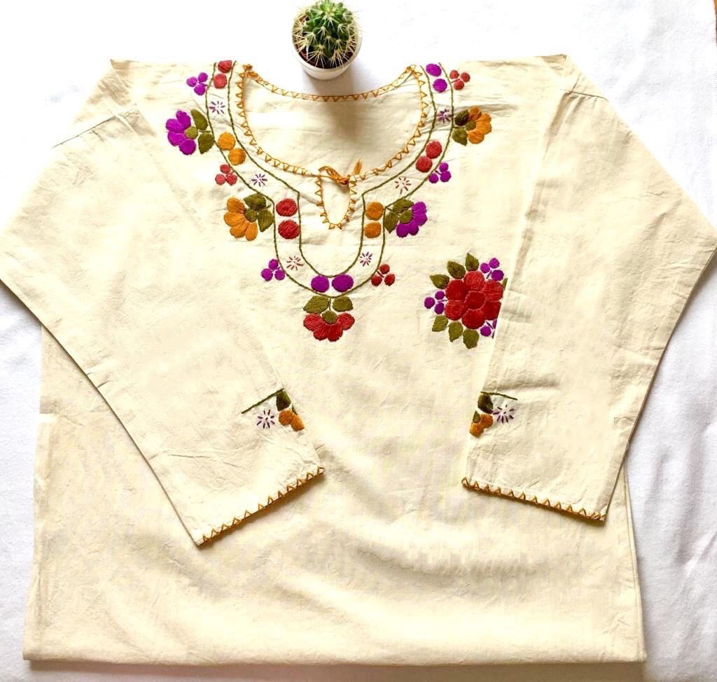 handmade mexican blouse with purple flowers