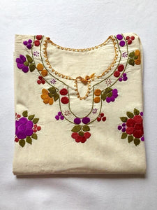 mexican blouse with embroidered purple flowers