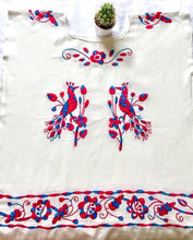 Load image into Gallery viewer, white Mexican blouse with two embroidered peacocks in fuchsia and blue