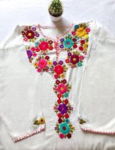 Load image into Gallery viewer, long sleeve white mexican blouse with little embroidered multi colored flowers
